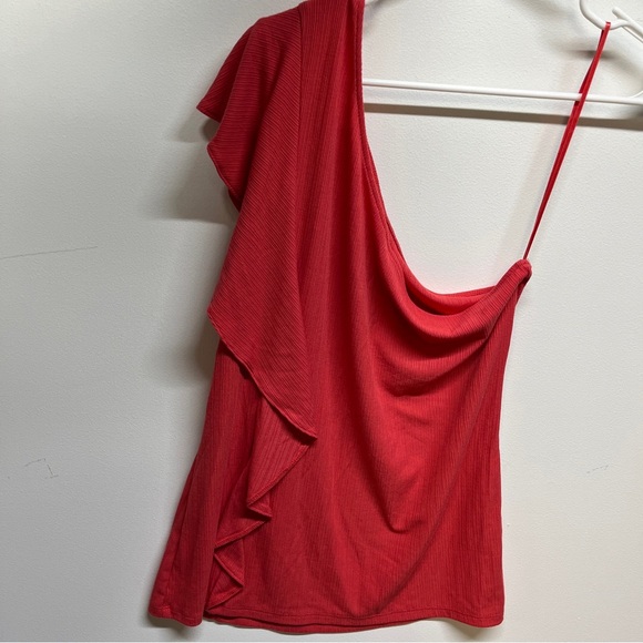 Nine West Women’s Shirt Top Size Large One Shoulder Coral Ruffle Casual - Picture 2 of 9